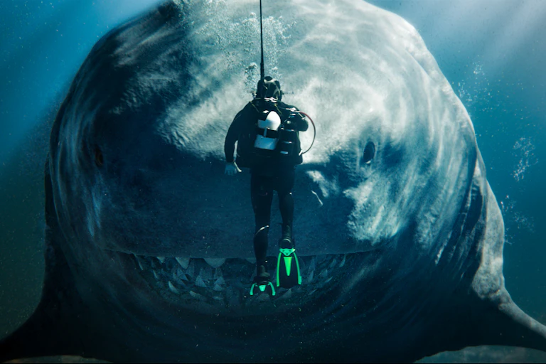 A diver in front of a giant shark.