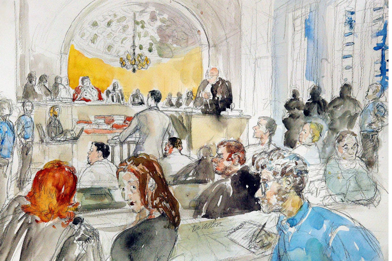 Croquis représentant la salle d'audience de la cour d'assises du Pas-de-Calais, le 09 juin 2004 lors du procès de l'affaire de pédophilie d'Outreau.