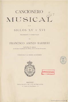 Portada del _Cancionero musical de los siglos XV y XVI_ anotado por Barbieri.