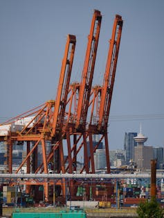 Cargo cranes seen at a port