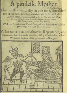 Crude drawing of woman murdering two little children on a bed while a demon watches.