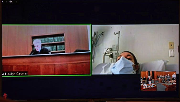 Split screen of judge sitting at his dais and woman wearing facemask lying in a hospital bed.