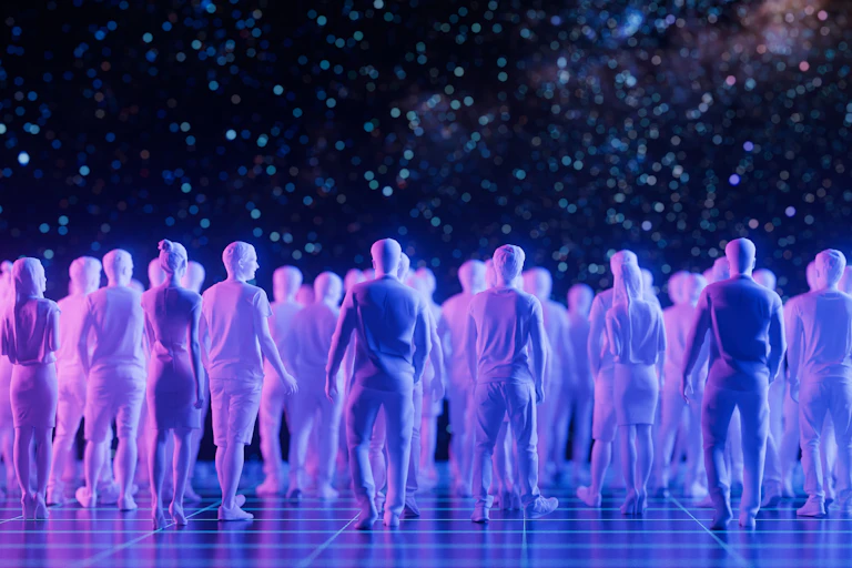A group of humanlike figures standing on a flat surface looking out at stars in a sky.