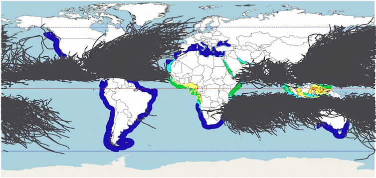 A heatmap showing the best locations for floating solar panels, away from tropical storm tracks