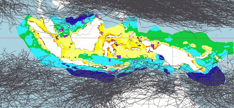 A heatmap showing the best locations for floating solar panels, away from tropical storm tracks