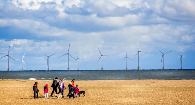 A family walking dogs on a beach in front of an offshore wind farm.
