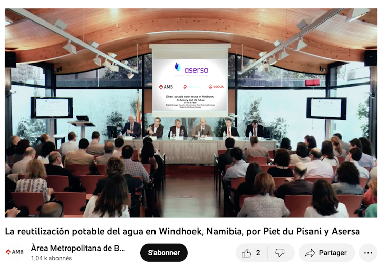 Conférence organisée par la métropole de Barcelone sur le recyclage des eaux usées en eau potable en Namibie, avec comme intervenants Piet Du Pisani en charge de la gestion des eaux usées à Windhoek, et l’ASERA, une association espagnole cherchant à promou