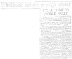 Archive de l’édition du 24 novembre 1968 du journal sud-africain le _Sunday Tribune_, titrant « Windhoek boit l’eau des égoûts »