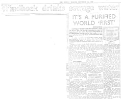 Archive de l’édition du 24 novembre 1968 du journal sud-africain le _Sunday Tribune_, titrant « Windhoek boit l’eau des égoûts »