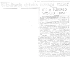 Archive de l’édition du 24 novembre 1968 du journal sud-africain le _Sunday Tribune_, titrant « Windhoek boit l’eau des égoûts »