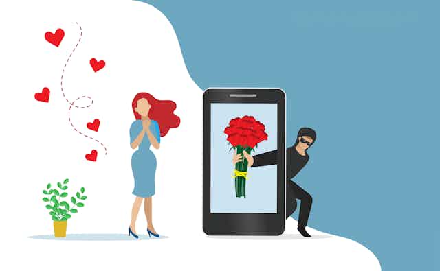 cartoon of a woman with hands on chest as five hearts float nearby and a smartphone screen showing a bouquet of flowers and a man clad in black lurking behind the phone