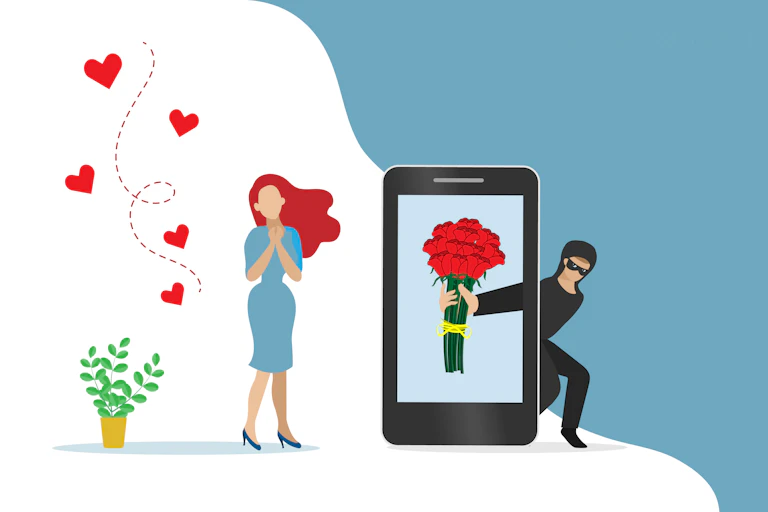 cartoon of a woman with hands on chest as five hearts float nearby and a smartphone screen showing a bouquet of flowers and a man clad in black lurking behind the phone