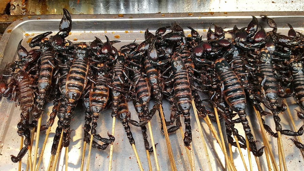 Algúns artrópodos, como os escorpiones fritos ou a brasa, son habituais en postos rueiros de Asia. Foto: Pxfuel
