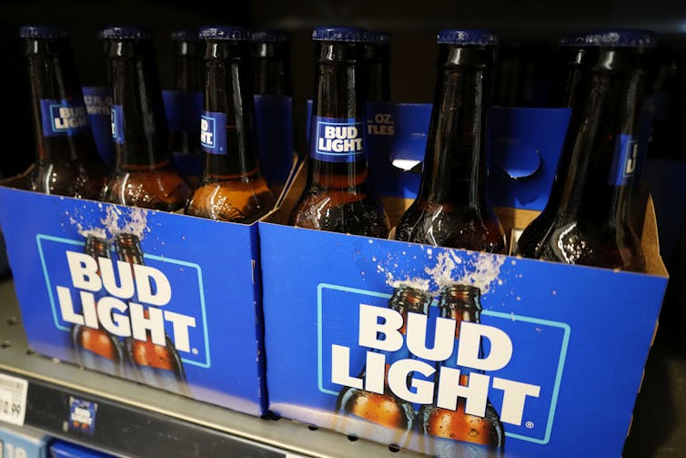 A case of Bud Light beer bottles
