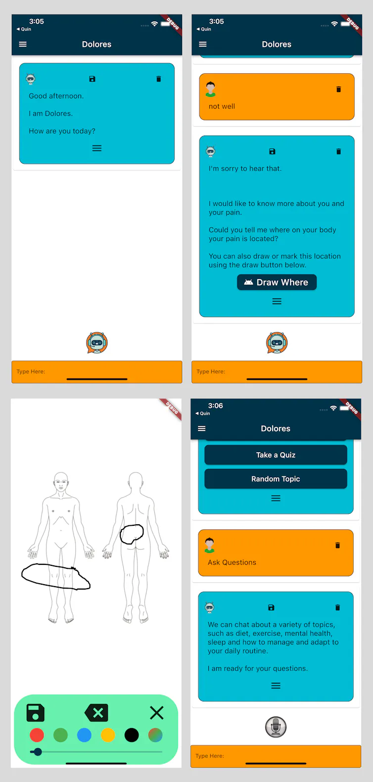 Screenshots from the Dolores app.