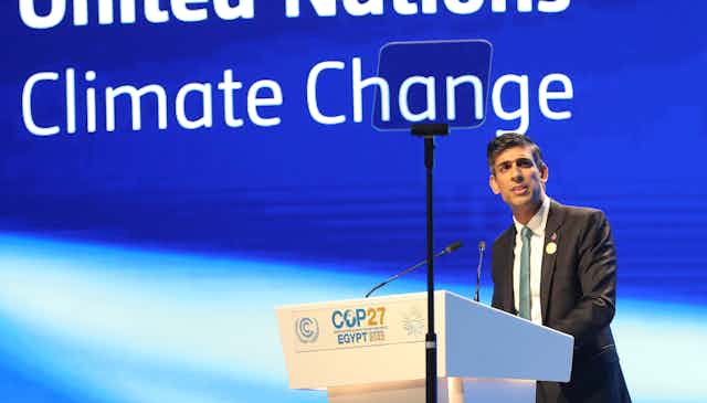 UK Prime Minister Rishi Sunak speaking during the 2022 UN Climate Change Conference COP27.