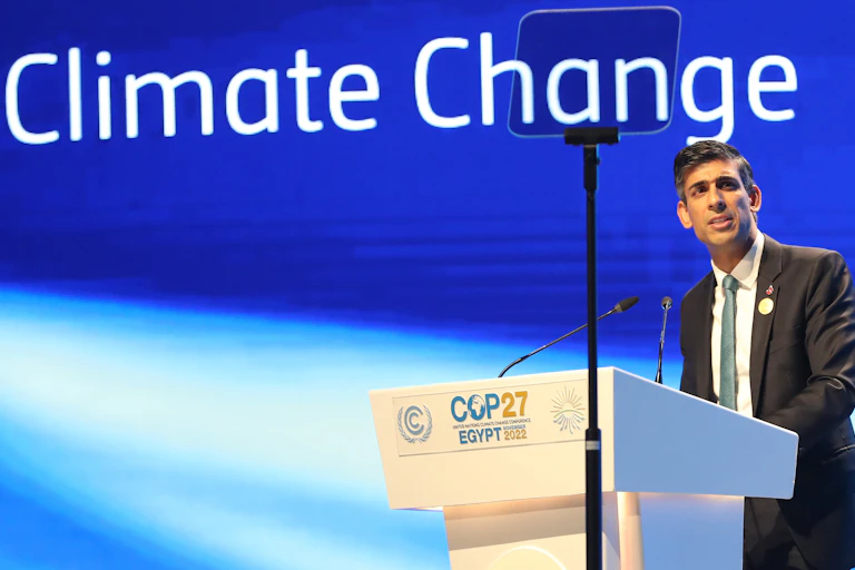 UK Prime Minister Rishi Sunak speaking during the 2022 UN Climate Change Conference COP27.