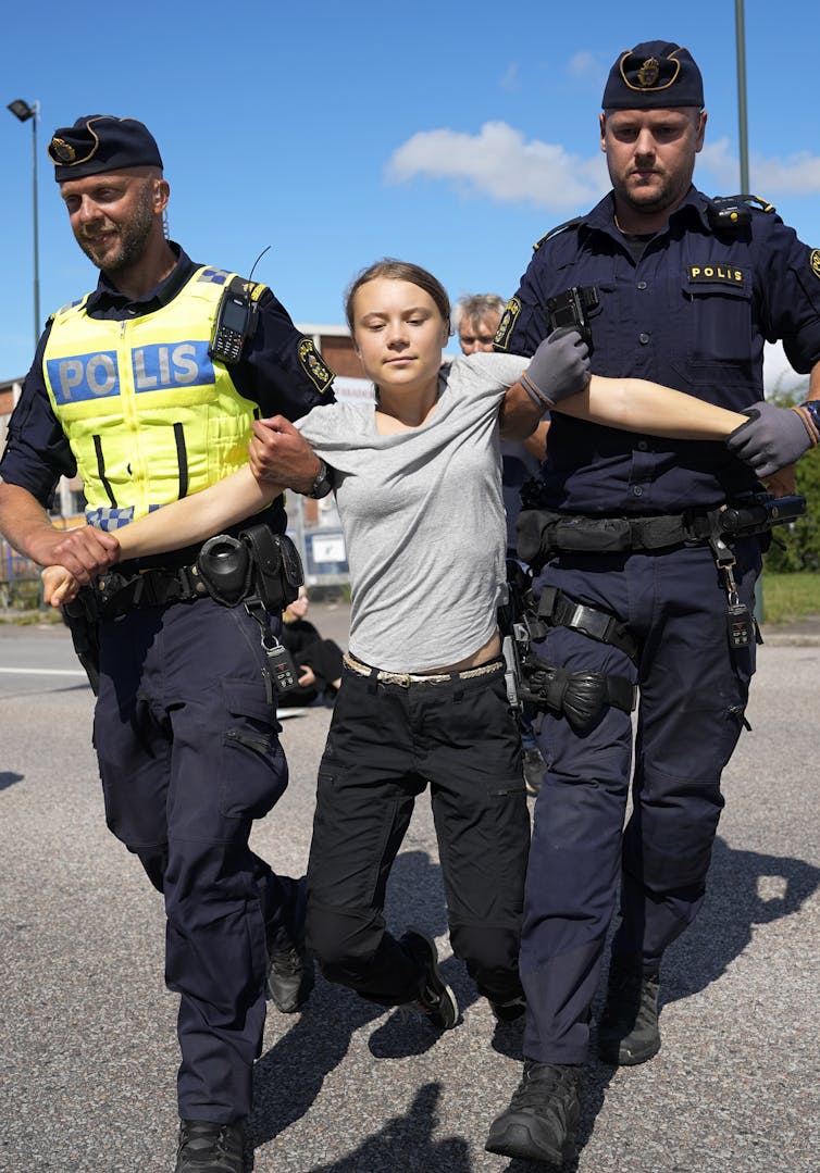 Greta Thunberg carried by police away from a climate protest