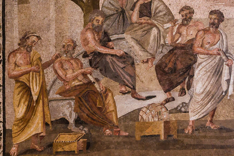 Mosaico en el que se representa a varios hombres sentados en grupo y charlando.