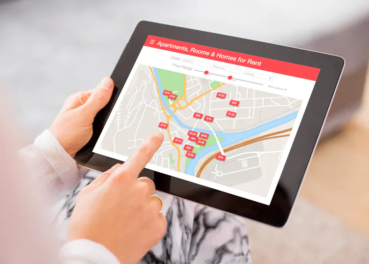 A map displaying a number of available rental properties at various prices