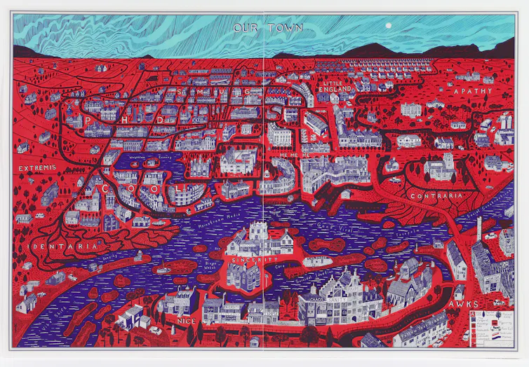 A red and blue simplistic map-style drawing of a town.