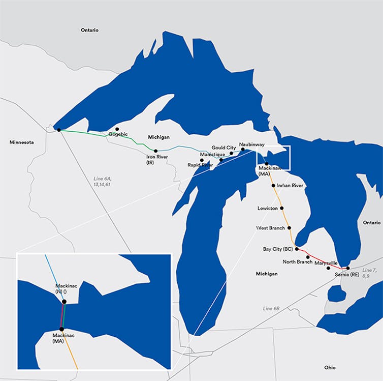 Map showing the Line 5 route across Wisconsin and Michigan and through the Straits of Mackinac.