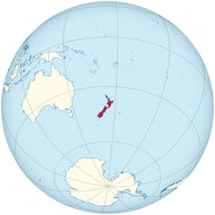 Hemisphere centred on New Zealand, showing the country's isolation