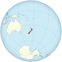 Hemisphere centred on New Zealand, showing the country's isolation
