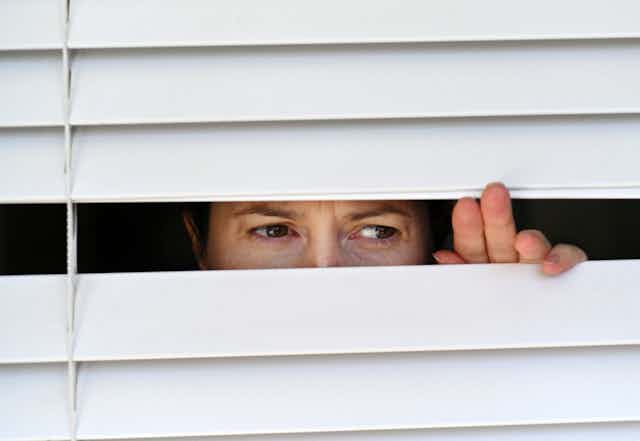 A person looking through gaps in venetian blinds