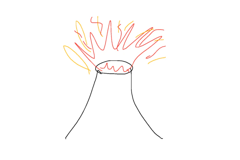 A line drawing of an erupting volcano