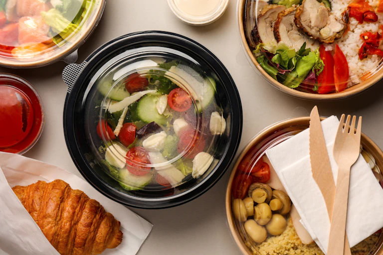 Tasty food in containers with wooden knife and fork on light grey table, seen from above