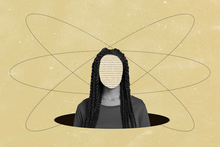 Ilustración de una mujer con un folio escrito en el rostro.