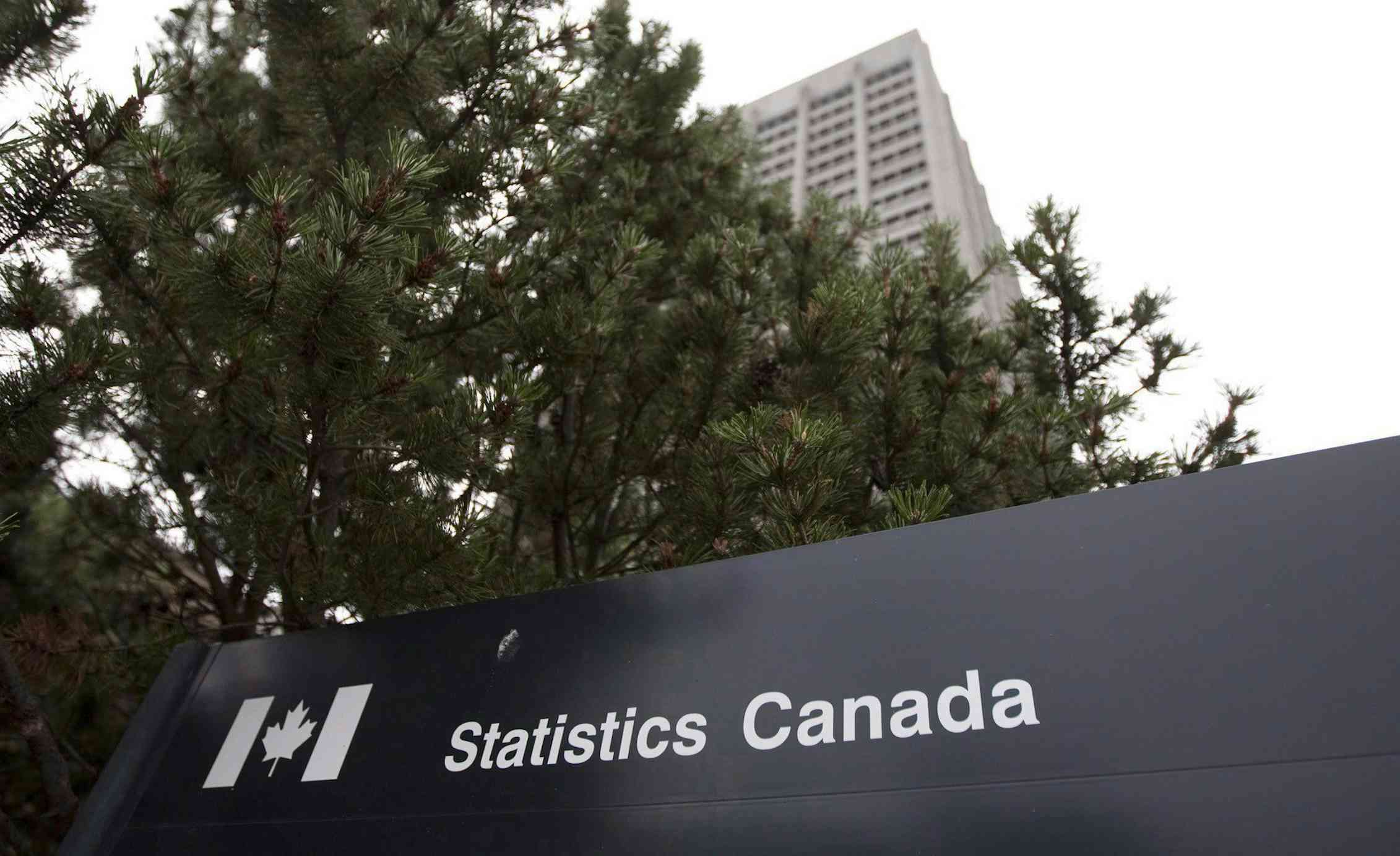 A sign that reads Statistics Canada in front of a tall grey building.