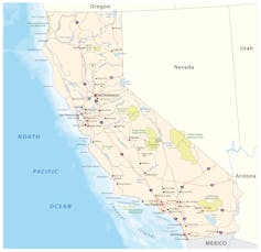 A map of California, showing San Jose just south of San Francisco