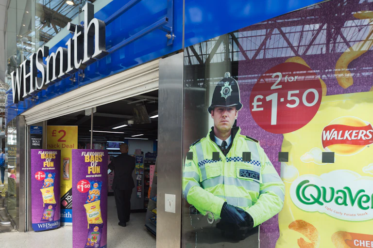 The exterior of a WH Smith shop with a cardboard cutout of a policeman in the window.