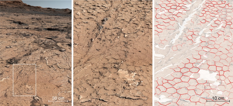 Motif fossile de rides polygonales observées et analysées par Curiosity au 3154ᵉ jour de sa progression dans les strates sédimentaires du cratère de Gale sur Mars. NASA/JPL-Caltech/MSSS/IRAP/LGL-TPE
