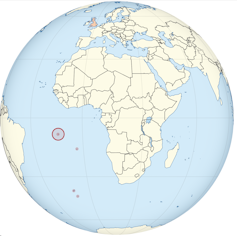 A map showing Ascension Island in the Southern Atlantic, off the west coast of Africa.