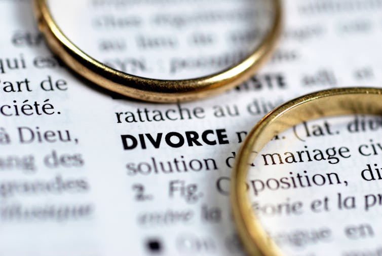 Two wedding rings rest beside a dictionary entry for the word divorce