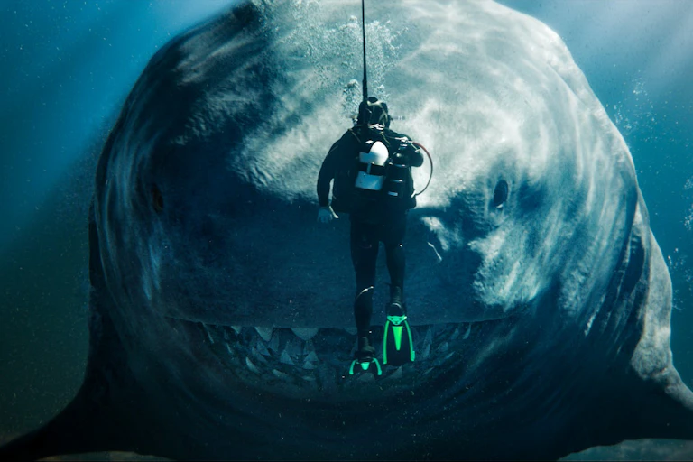 Un buceador frente a un tiburón gigante.