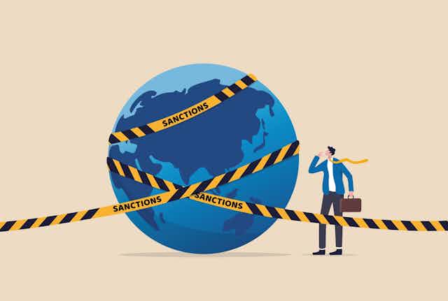 Illustration of the Earth wrapped in black & yellow tape printed with the word "sanctions" beside a person in a suit & tie with a briefcase.