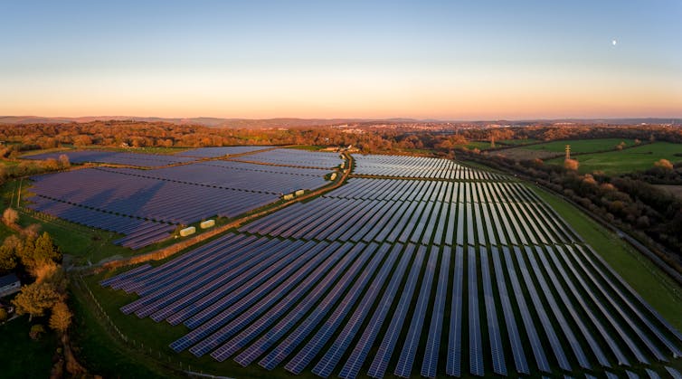 An aerial shot of a solar farm in south Wales.