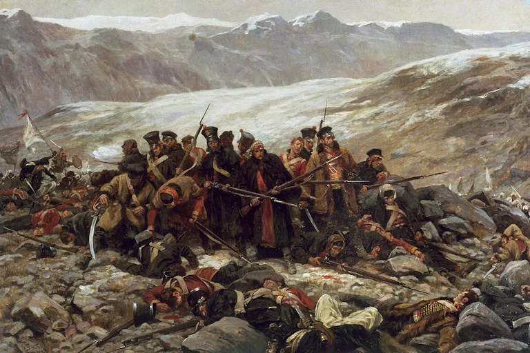 Un régiment d'infanterie britannique attaqué par des Afgans au pied d'une montagne.