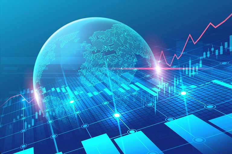 a digital composite blue image showing a globe, graphs and charts