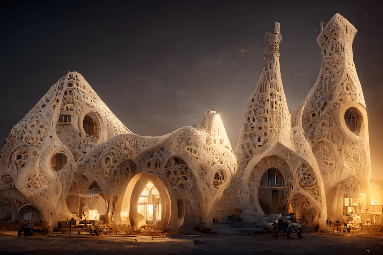 A computer-generated image of a building with fractal geometry across the surface