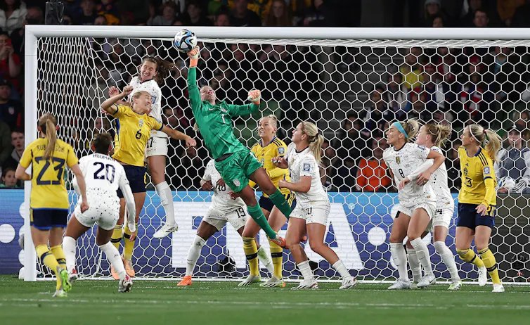 Goalkeeper Alyssa Naeher of the United States makes a save during the round of 16 match between Sweden and the United States at the 2023 FIFA Women's World Cup.