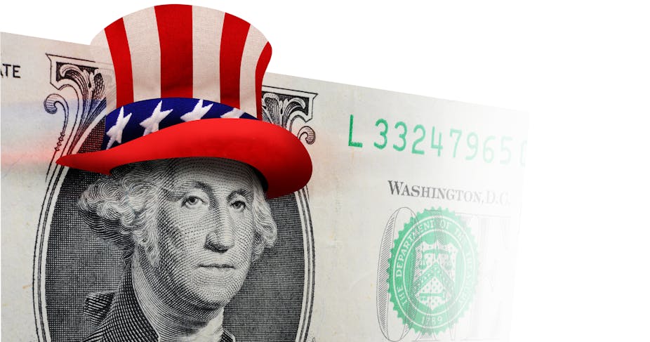 A dollar bill with Washington wearing an Uncle Sam-style hat.