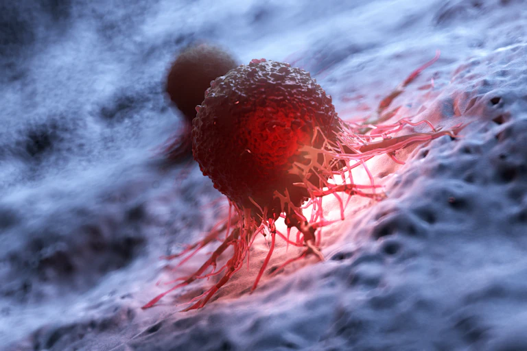 Illustration of a red spidery cancel cell on a blue blurry background