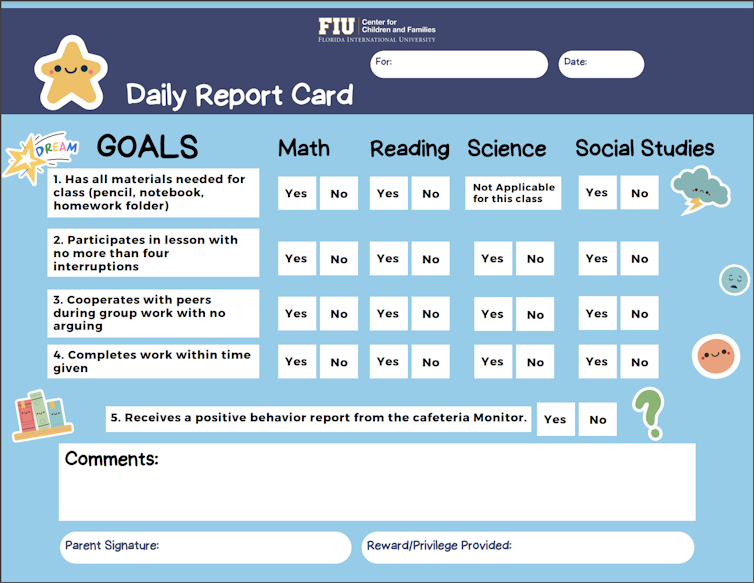 A cheery-looking card headed 'Goals' has columns for math, reading, science and social studies.