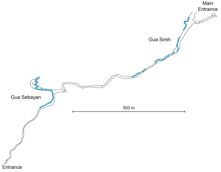 Plan of the Gua Sireh cave system showing passage through Gunung Nambi (limestone hill) via the connecting passage between Gua Sireh and Gua Sebayan.