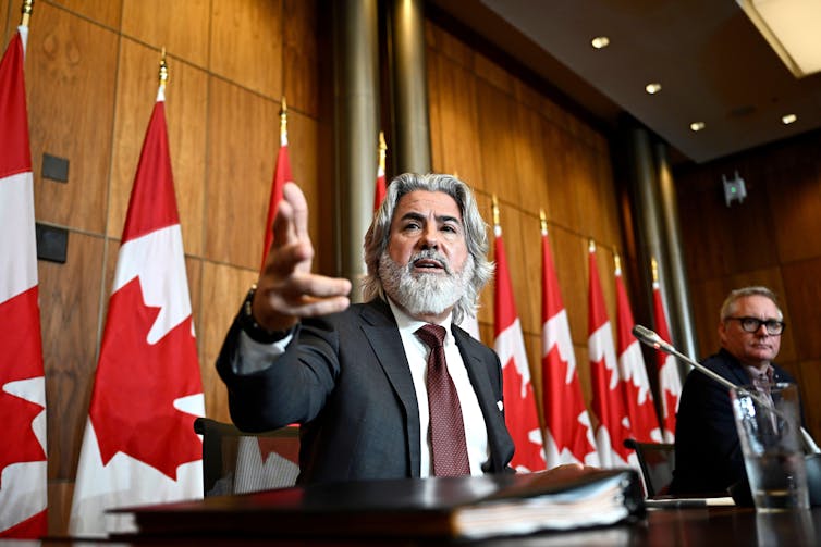 Canada's heritage minister, Pablo Rodriguez gestures at a press conference in Ottowa, March 2023.